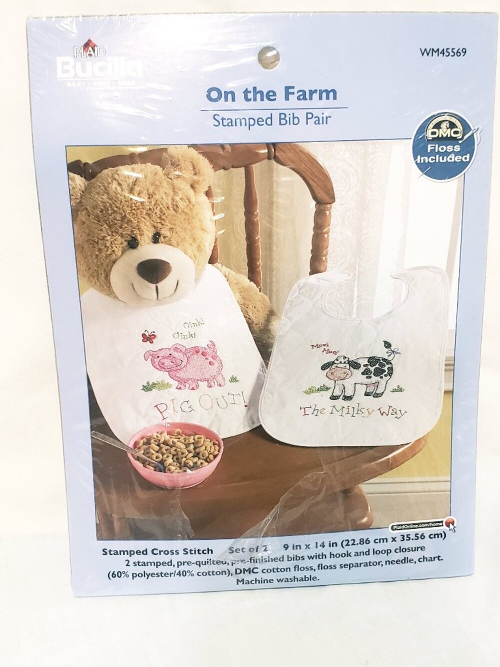 Stamped Cross Stitch Bib 2 Set Kit On the Farm Cow Pig Bucilla Pre Quilted
